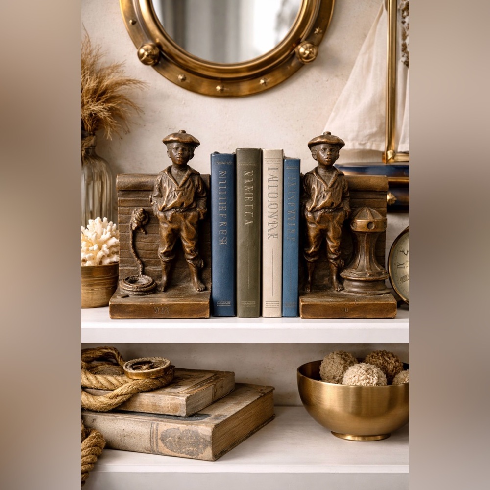 Antique Solid Brass Nautical Bookends Signed KBW | Sailor Maritime Decor